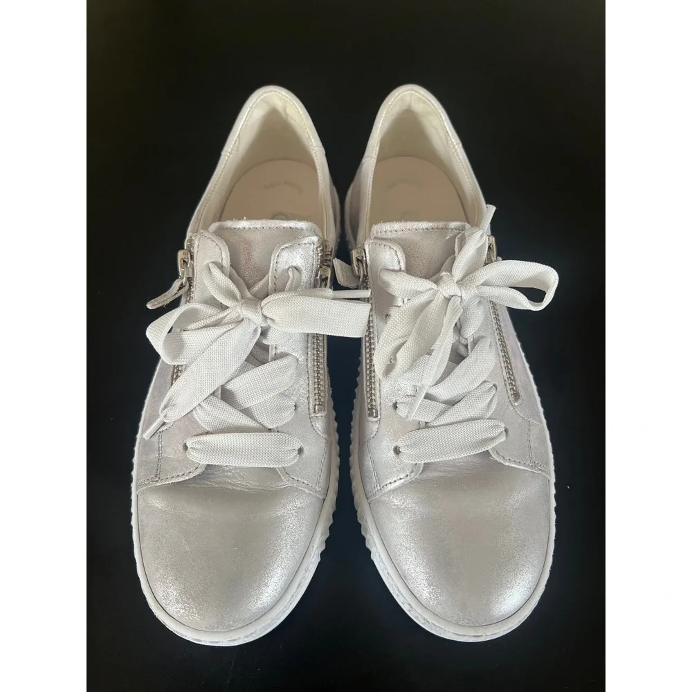 Gabor Best Fitting Silver Metallic Leather Side Zip Platform Sneakers Shoes 6